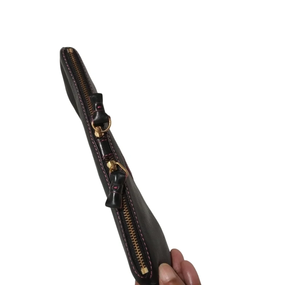 Juicy Couture Black Leather Kiss Lock Bow Clutch Wallet Gold Logo Evening